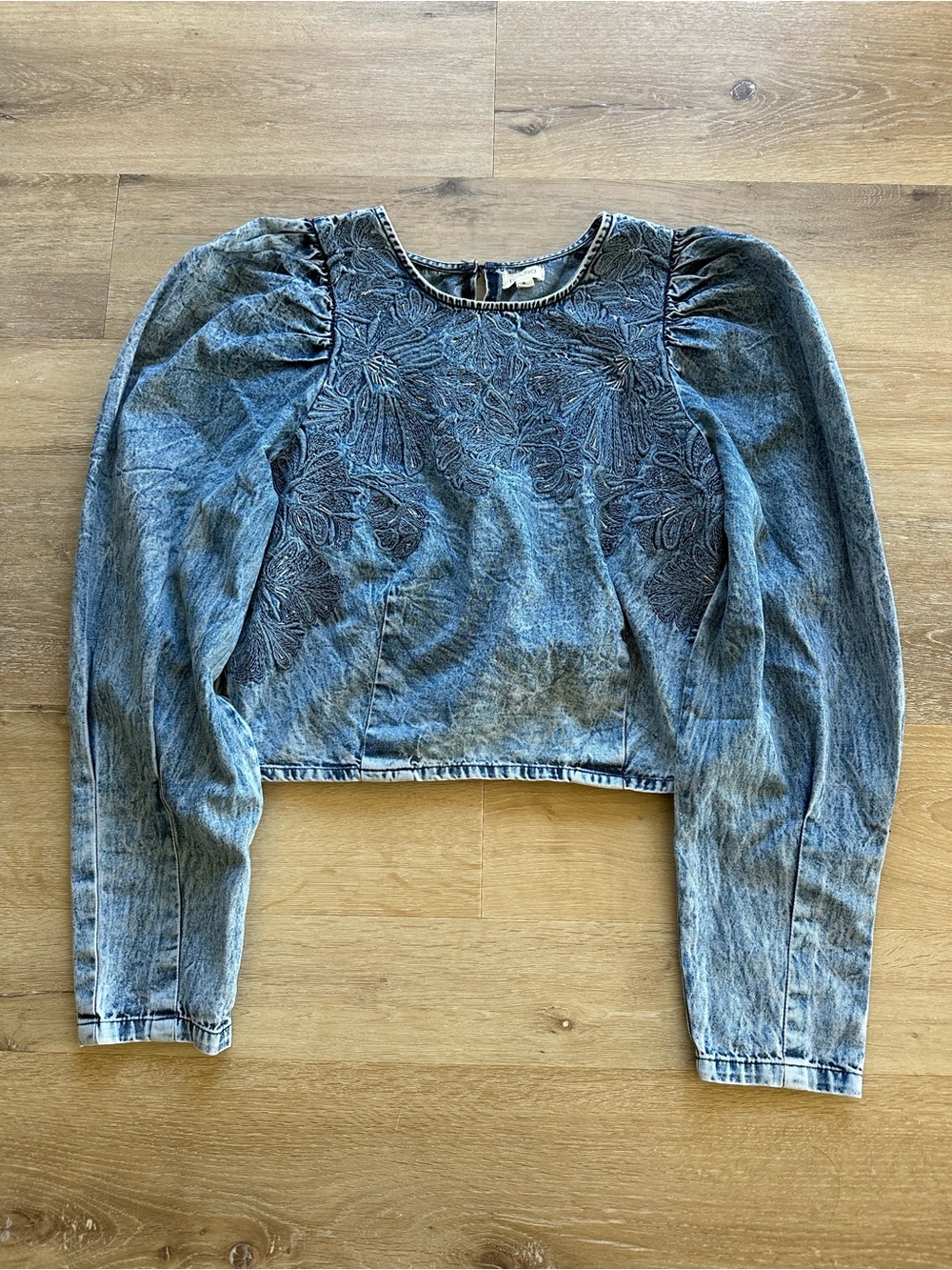 Pilcro Blue Embroidered puff sleeve denim blouse